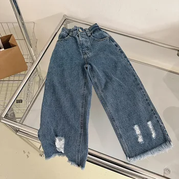 2023 Новые стильные джинсовые брюки с кисточками для девочек и мальчиков, модные весенние детские джинсовые брюки 2-8 лет