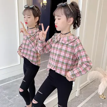Блузки для маленьких девочек, Детские хлопчатобумажные рубашки 2022 года, весенние топы с кукольным воротником в клетку от 2 до 9 лет, детская одежда в корейском стиле Q543