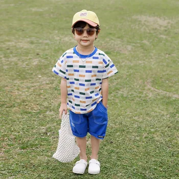 Детские футболки из полосатого хлопка 2023, Летние тонкие Новые разноцветные повседневные топы с круглым вырезом в корейском стиле для мальчиков