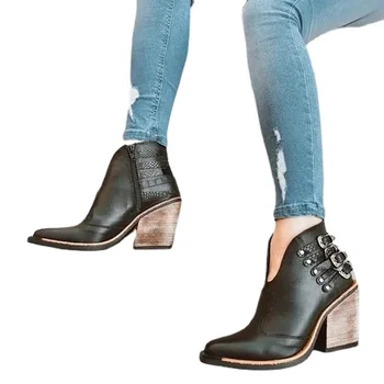 Женская обувь 2024 года, сапоги с заклепками и пряжкой на ремне, женские ботильоны больших размеров, женские ботинки Челси в стиле ретро в римском стиле, Botas De Mujer