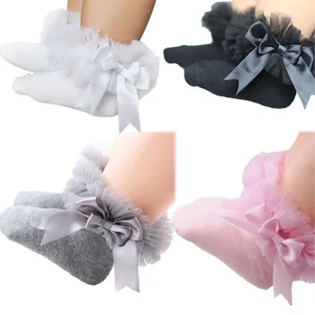 Носки для младенцев и малышей, Короткие носки для маленьких девочек, принцессы с бантом, кружевами и цветочным рисунком, Носки на лодыжках с рюшами и оборками
