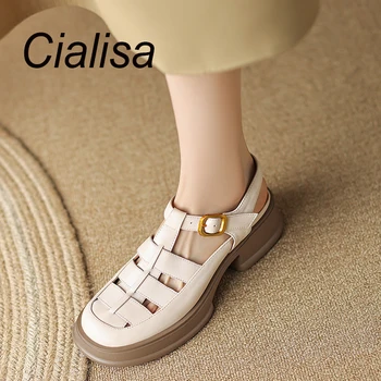 Римские сандалии на платформе из натуральной кожи Cialisa, женская летняя обувь, повседневные сандалии на среднем каблуке ручной работы с ремешком и пряжкой толщиной 5 см коричневого цвета