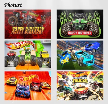 Фон для фотосъемки Hot Wheels Monster Trucks, баннер для детского Дня рождения, Игровой гоночный автомобиль, фон для фотосъемки, реквизит из полиэстера и винила